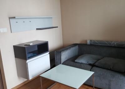 Modern living room with grey sofa and glass coffee table