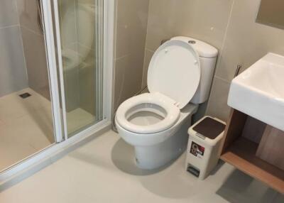 A modern bathroom with a shower, toilet, and sink