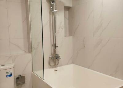 Modern bathroom with bathtub and showerhead
