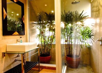 Well-lit bathroom with glass shower and plants