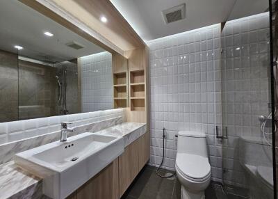 Modern bathroom with sink, toilet, shower, and built-in shelves