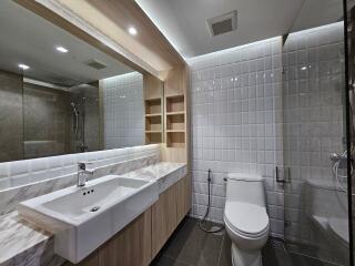 Modern bathroom with sink, toilet, shower, and built-in shelves