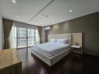 Spacious modern bedroom with a large bed, wooden flooring, and a balcony view