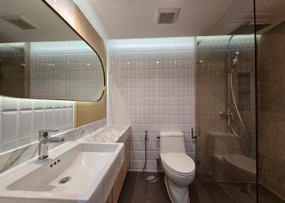 Modern bathroom with a large sink, toilet, and a glass-enclosed shower