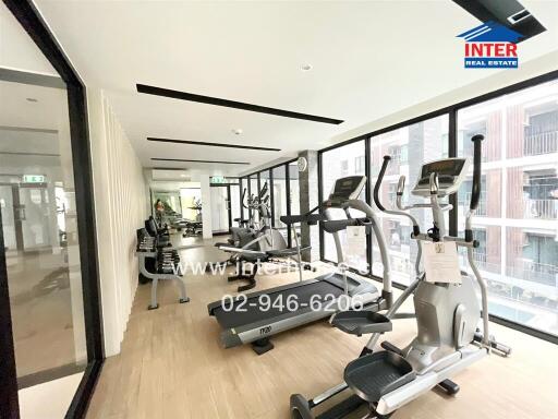 Modern gym with exercise equipment and large windows