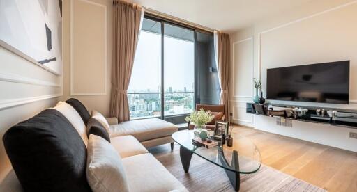 Modern living room with large window and city view