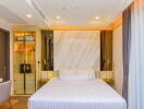 Modern and elegant bedroom with a double bed and built-in wardrobe