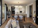 Modern living and dining area featuring stylish decor and open layout