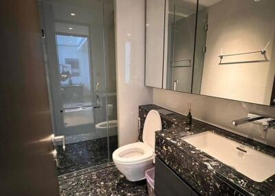 Modern bathroom with black marble countertops and glass shower