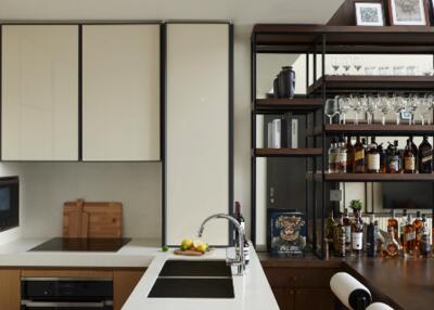 Modern kitchen with a counter, sink, and a well-organized liquor and glassware shelf