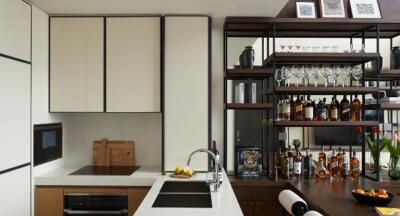 Modern kitchen with a counter, sink, and a well-organized liquor and glassware shelf