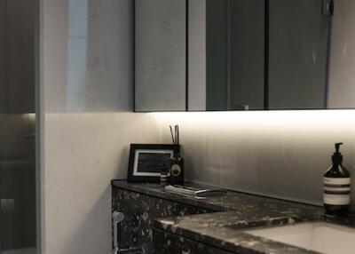 Modern bathroom with marble countertop and mirrored cabinets