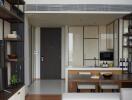 Modern kitchen with dining table and shelves