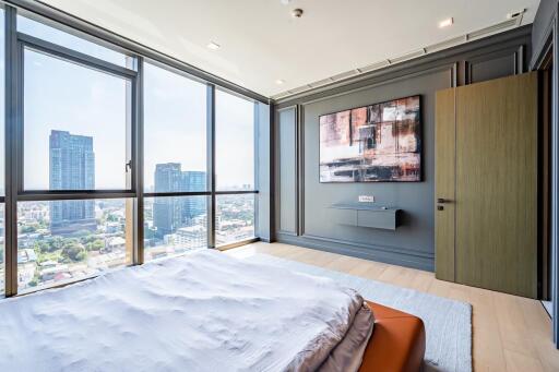 Modern bedroom with large windows and city view