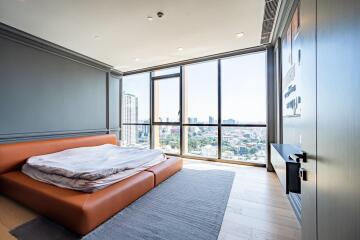 Modern bedroom with large windows and city view