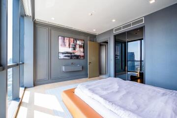 Modern bedroom with large windows and city view