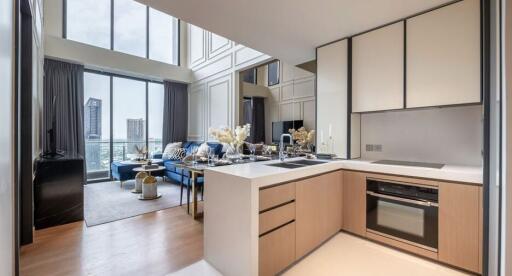 Modern open kitchen with adjoining living area