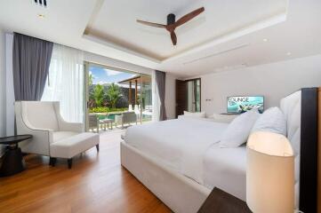 Spacious bedroom with pool view