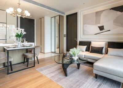 Modern living room with kitchen view