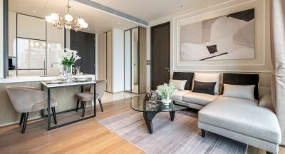 Modern living room with kitchen view