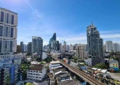 City skyline with tall buildings under a clear blue sky