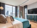 Modern bedroom with a city view, stylish decor, and a wall-mounted TV