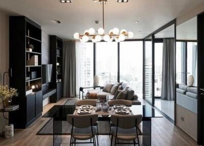 Modern living room with dining area and city view