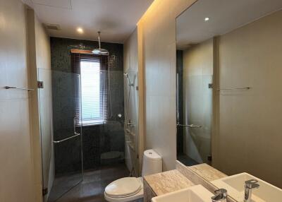 Modern bathroom with a large mirror, dual sinks, shower area with glass door, and toilet