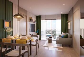 Modern living room with dining area, green accent wall, balcony view, and contemporary furniture