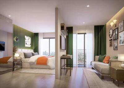 Modern bedroom with seating area and balcony access