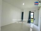 Empty bedroom with glossy tiled floors, curtains, and an air conditioner