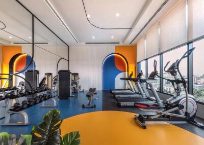 Modern gym with colorful design and city view