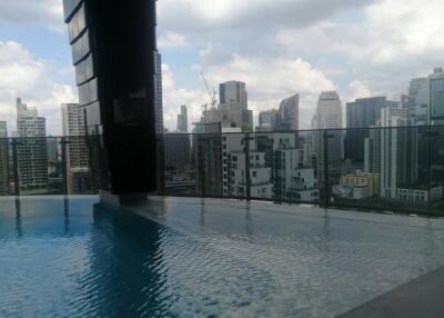 Skyline view from a building rooftop with a pool