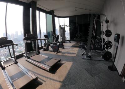 Modern fitness center with city view
