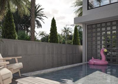 Modern outdoor pool area with seating and plants