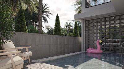 Modern outdoor pool area with seating and plants