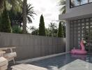 Modern outdoor pool area with seating and plants