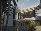 Modern exterior view of a contemporary white two-story home with large windows and surrounding trees.