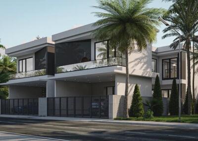 Modern two-story house with palm trees