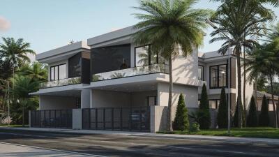 Modern two-story house with palm trees