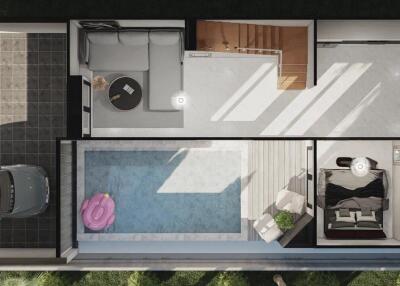 Top-down view of a house layout with a carport, living space, bedroom, and pool