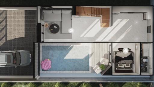 Top-down view of a house layout with a carport, living space, bedroom, and pool