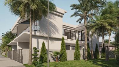 Modern two-story residential house with palm trees and a manicured lawn