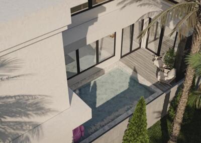 Aerial view of a modern house with a pool and terrace