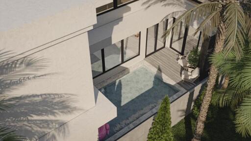 Aerial view of a modern house with a pool and terrace