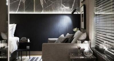 Modern bedroom with elegant decor and ambient lighting