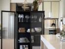 Modern kitchen with open shelves and dining area