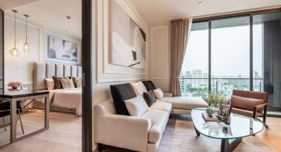 Modern living room with floor-to-ceiling windows and adjoining bedroom