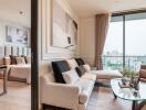 Modern living room with floor-to-ceiling windows and adjoining bedroom