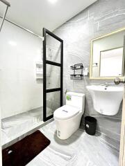 Modern bathroom with walk-in shower, toilet, sink, and mirror